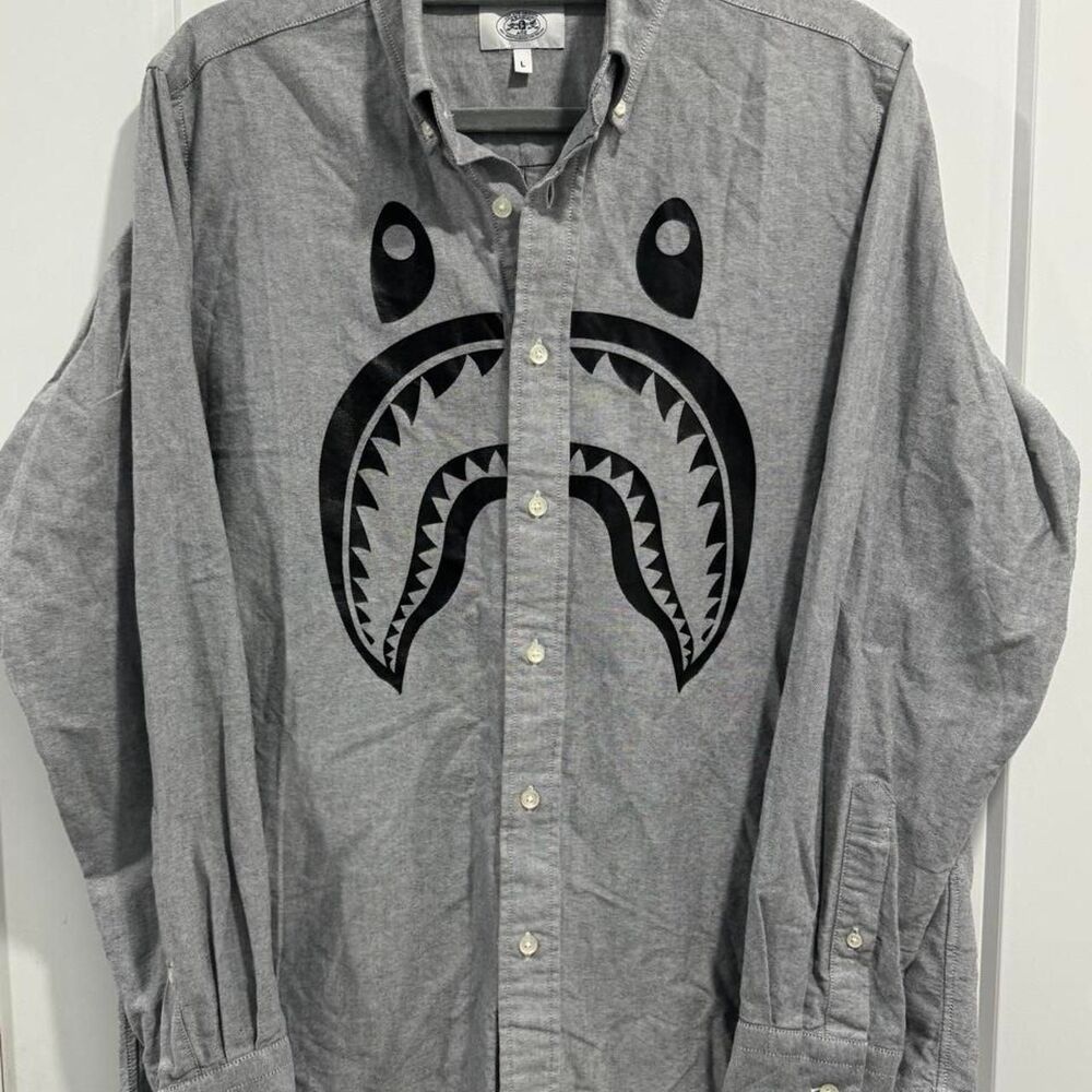 A Bathing Ape Bape Shark Oxford Button Up Shirt Size L Gray